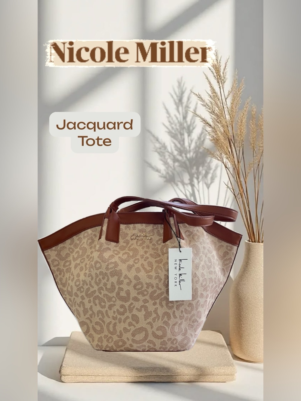 Nicole Miller Beige Tan Jacquard Tote with Brown Trim
